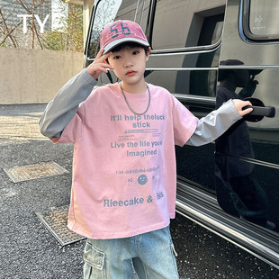 韩国TY童装潮牌男童长袖T恤2026新款中大男孩春秋季假两件打底衫