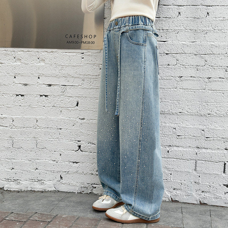 ROEMEY韩国女童裤子春秋2026新款中大童春季阔腿牛仔裤儿童弯刀裤