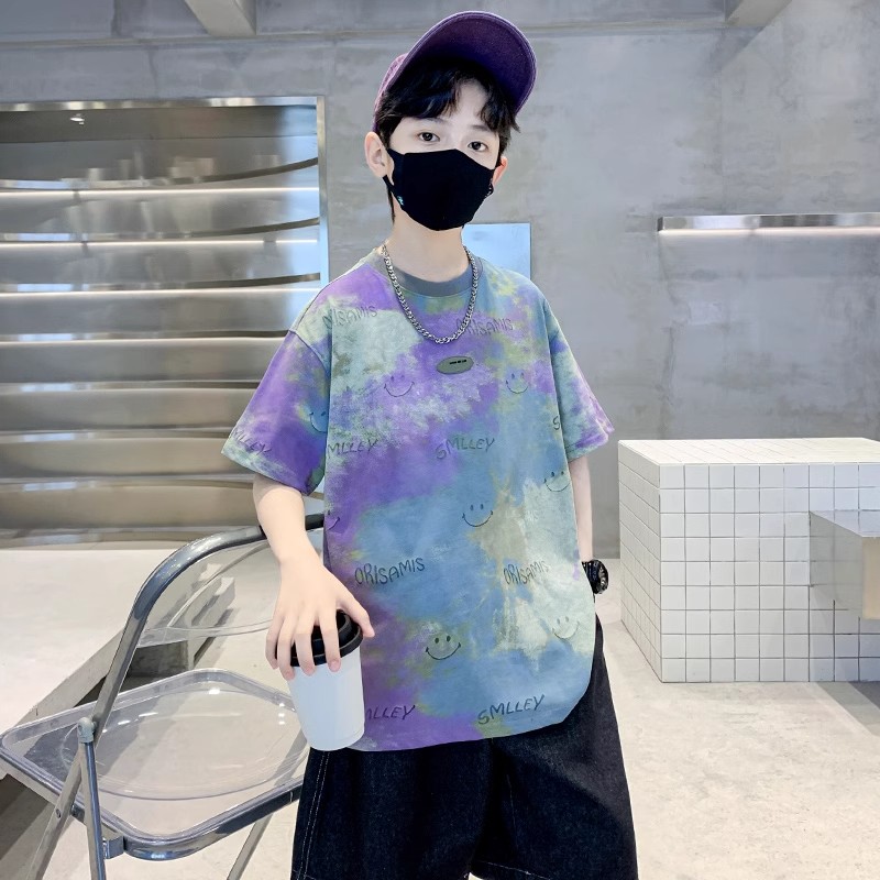 韩版男童短袖t恤2025新款夏季儿童笑脸印花男生宽松纯棉圆领童装