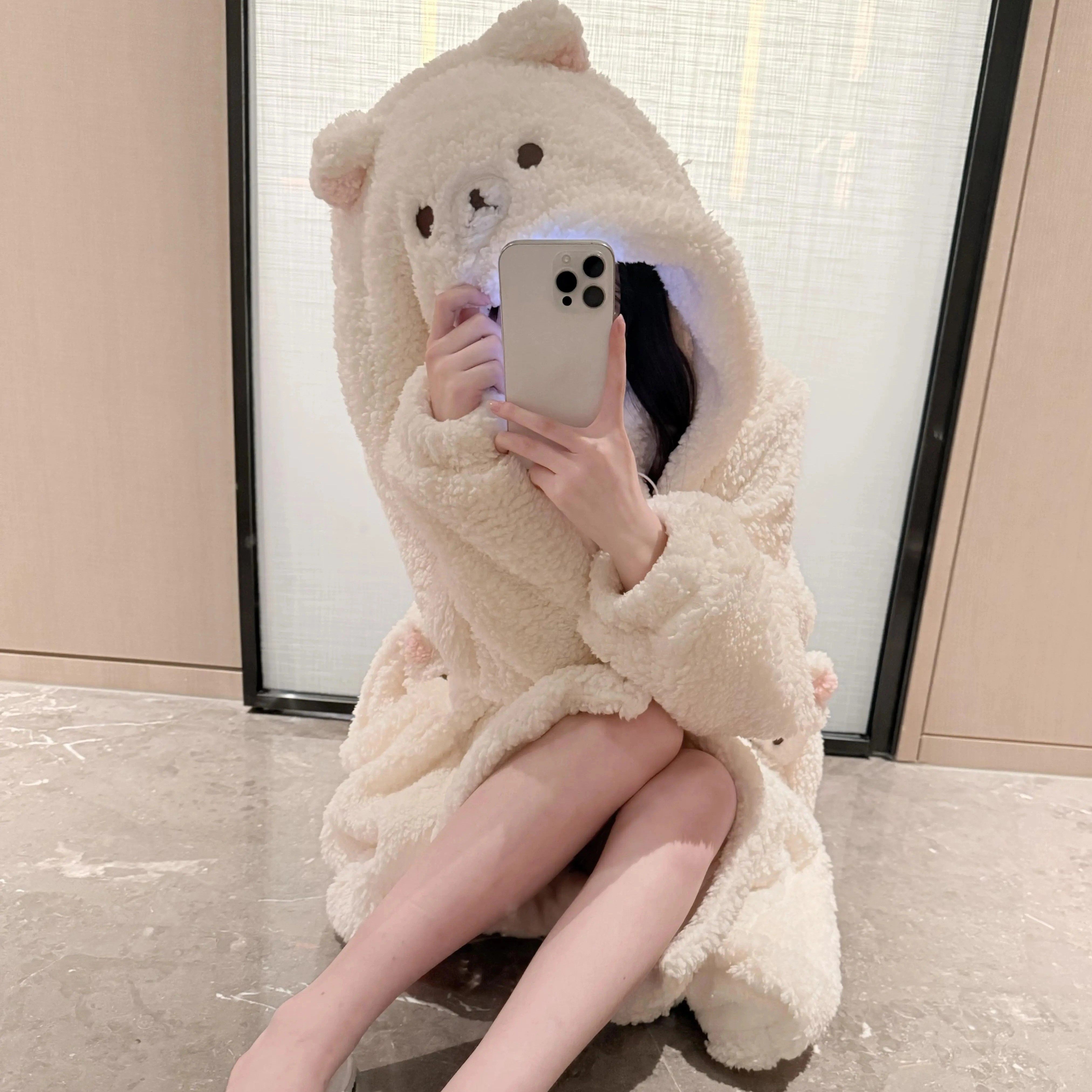 法国OIMG可爱小熊连帽珊瑚绒睡衣女秋冬款软妹加厚保暖家居服睡袍