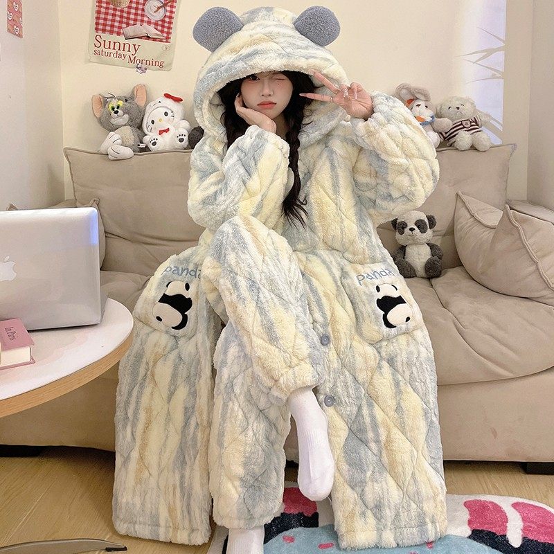 法国OIMG秋冬季珊瑚绒睡衣女加绒加厚三层夹棉长袍保暖家居服套装