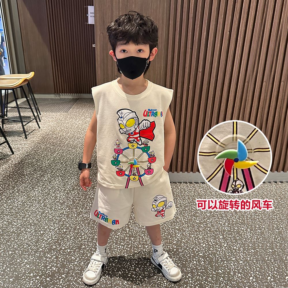 韩国男童夏装无袖背心套装2025新款洋气儿童运动夏季奥特曼衣服潮
