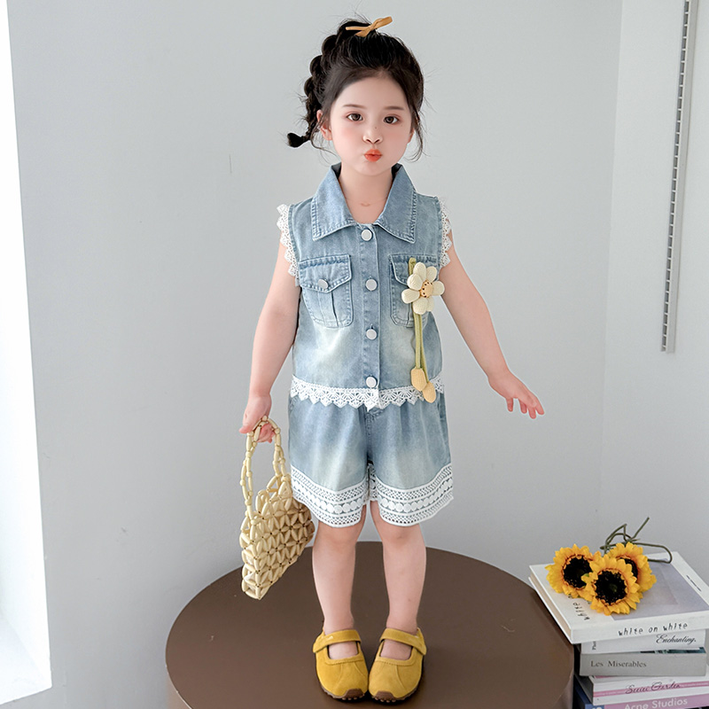 韩国女童夏季牛仔背心套装2025新款女孩无袖两件套宝宝夏装衣服潮