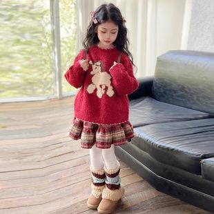 法国BERYDIA女童2026新年战袍冬装拜年服女大童红色加厚毛衣套装