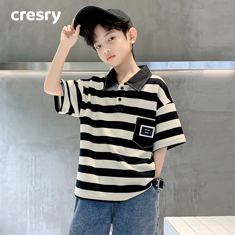 韩国CRESRY童装男童polo衫夏季2025新款儿童条纹短袖t恤大童上衣