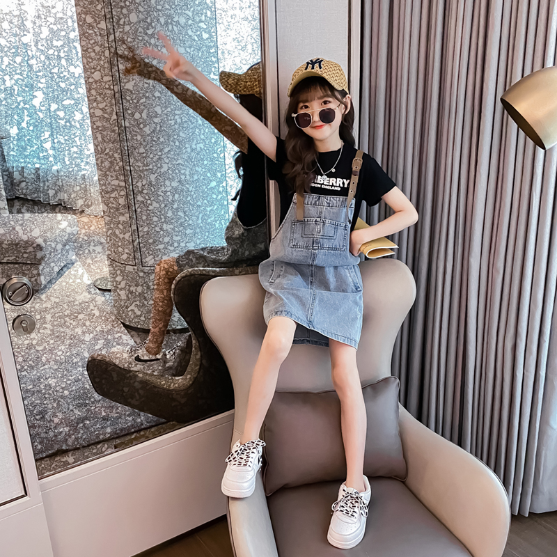 Next kiss女童牛仔背带裙2025夏新款儿童短裤套装潮酷休闲两件套