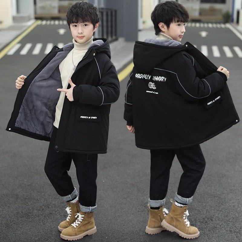 韩国男童中长款外套派克服加绒加厚棉袄2025新款中大童冬装棉服潮