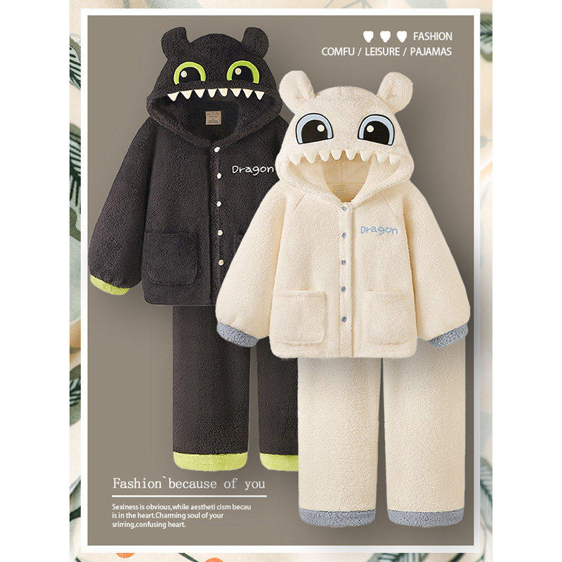 法国OIMG珊瑚绒情侣睡衣女冬加厚加绒保暖男士家居服套装连帽可爱