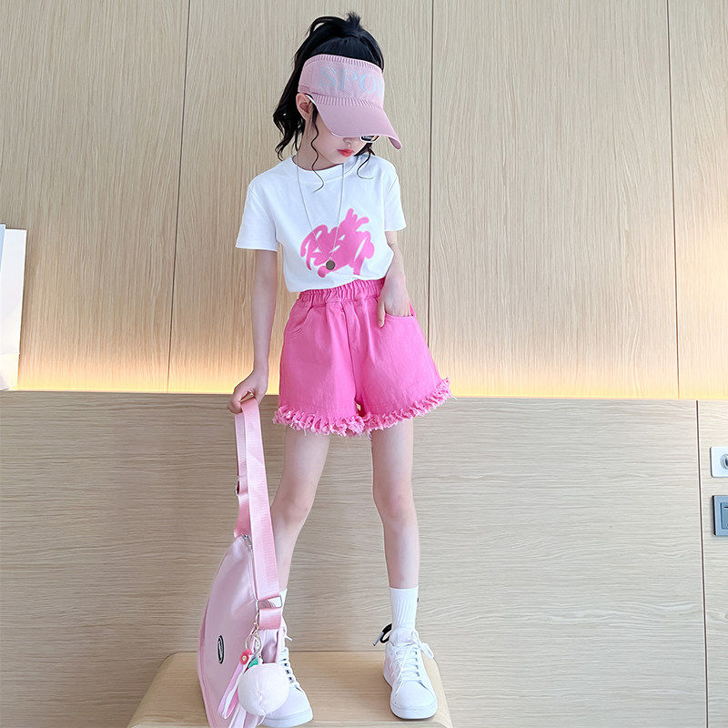 法国BERYDIA女童夏装套装2026新款洋气时髦女孩牛仔短裤短袖t恤