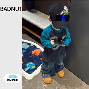 法国BADNUT男童套装2026春秋新款宝宝时髦帅气拼色字母T美式裤子
