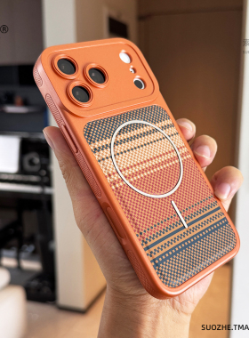 索哲适用于苹果17promax手机壳镜头全包iPhone16pro橙色凯夫拉纹理素皮15引磁铁片14pro防滑软边框保护套13男