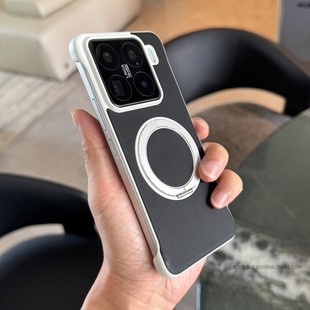 索哲适用于小米15手机壳自带磁吸支点指环支架15pro桌面追剧mi14半包超薄无边框硬套Pro黑色耐脏素皮防指纹汗