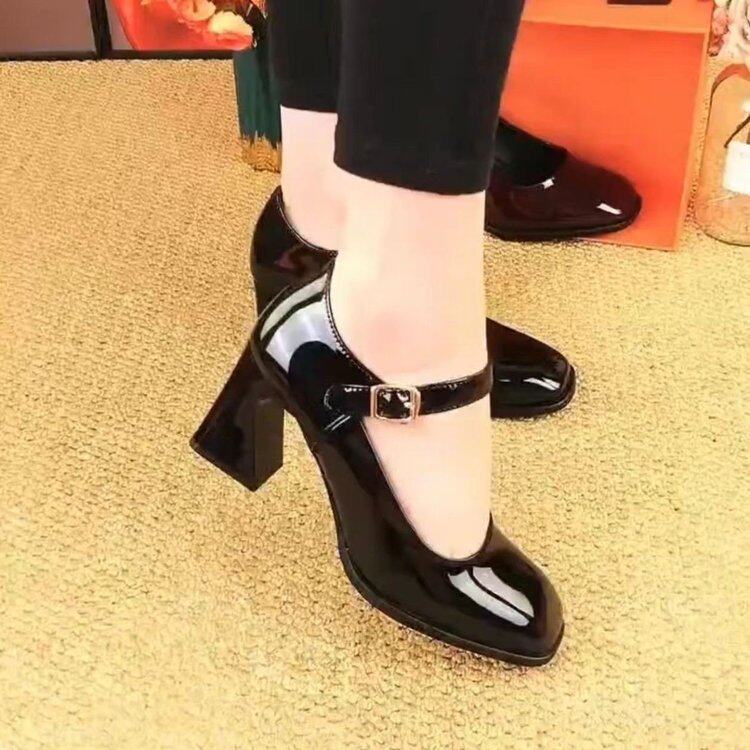 女鞋漆皮一字方头单鞋中粗跟玛丽玛丽珍鞋