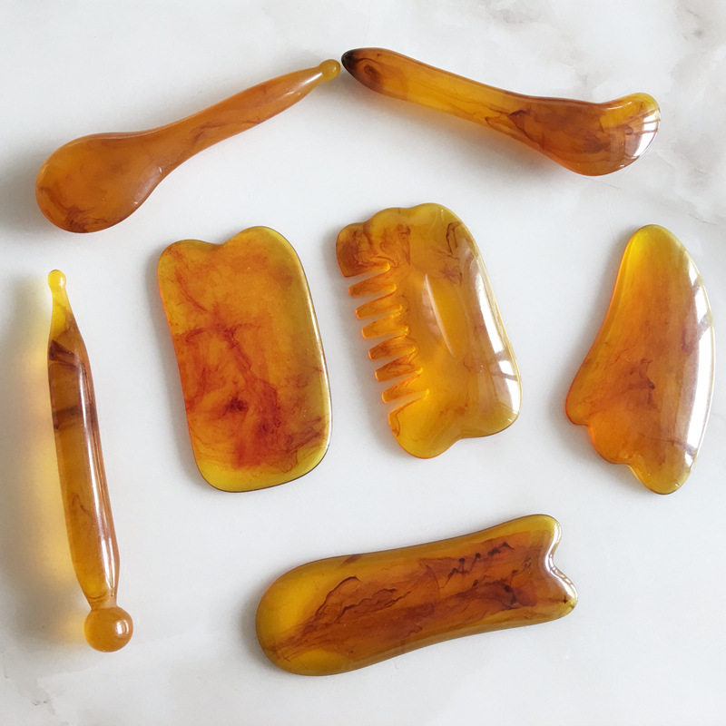 刮痧板树脂 蜜蜡琥珀经络保健器材 按摩器七件套刮痧板套装礼品