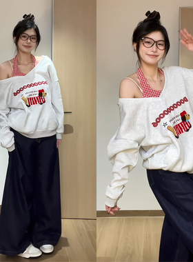 DIYUN帝韵拼接格纹V领卫衣女春秋甜美学院风小个子挂脖内搭两件套