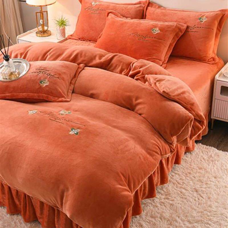 【年年红爆款】秋冬高端床品牛奶绒四件套加厚加密保暖好-纯色绣