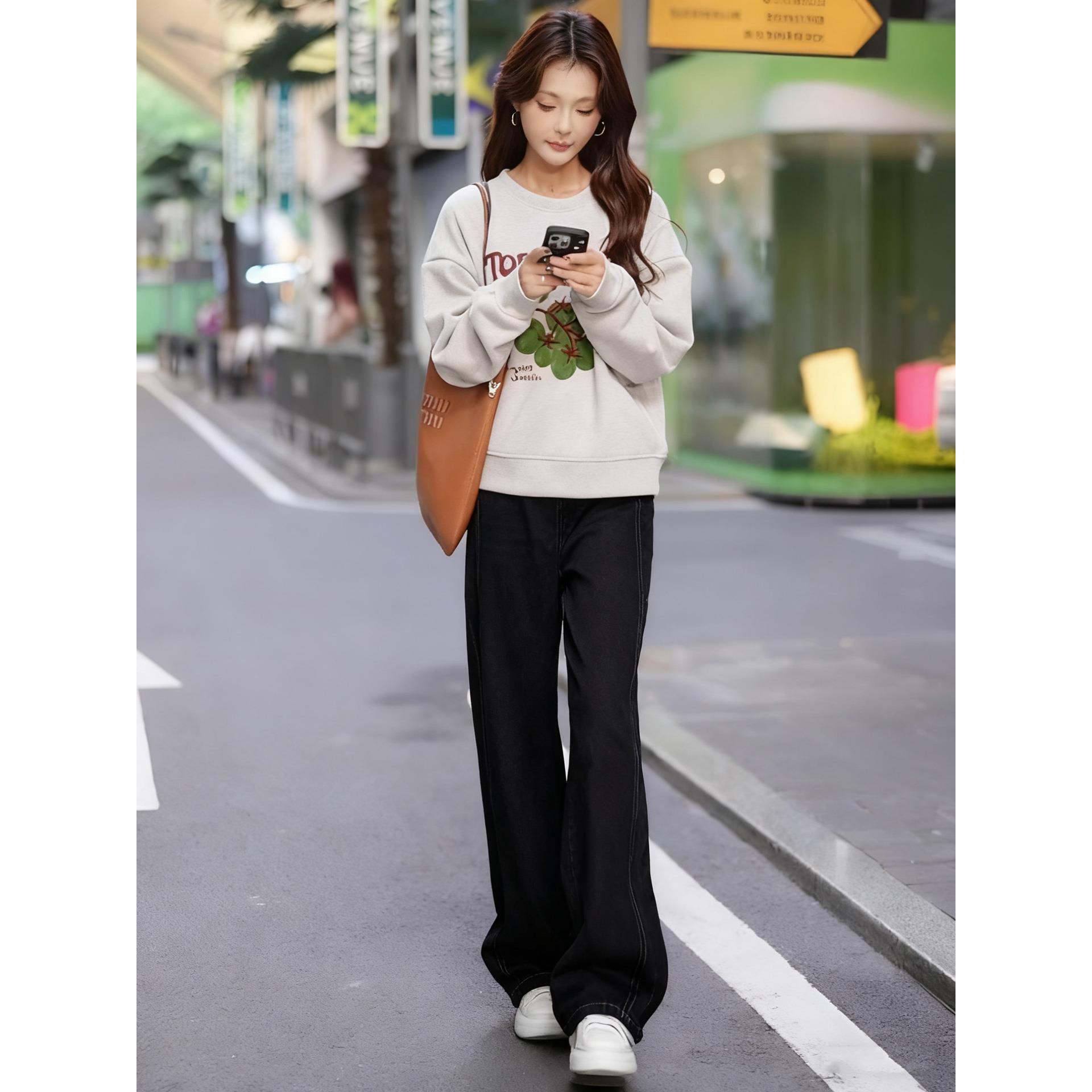 ROUMIKL2025新款慵懒风圆领印花卫衣高腰牛仔裤套装女秋季宽松时