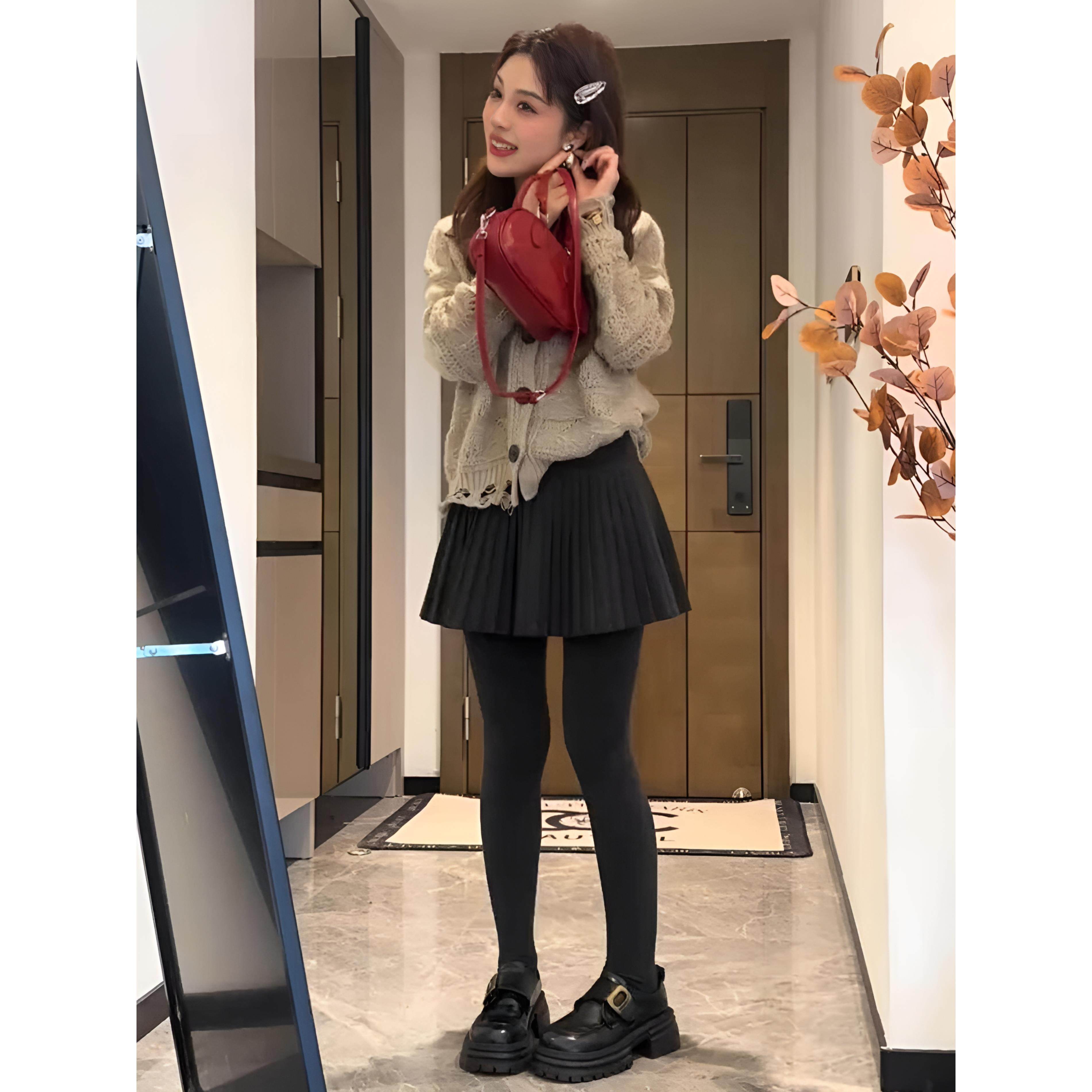 ROUMIKL早秋穿搭高级感小个子针织开衫高腰百褶裙两件套女学院风