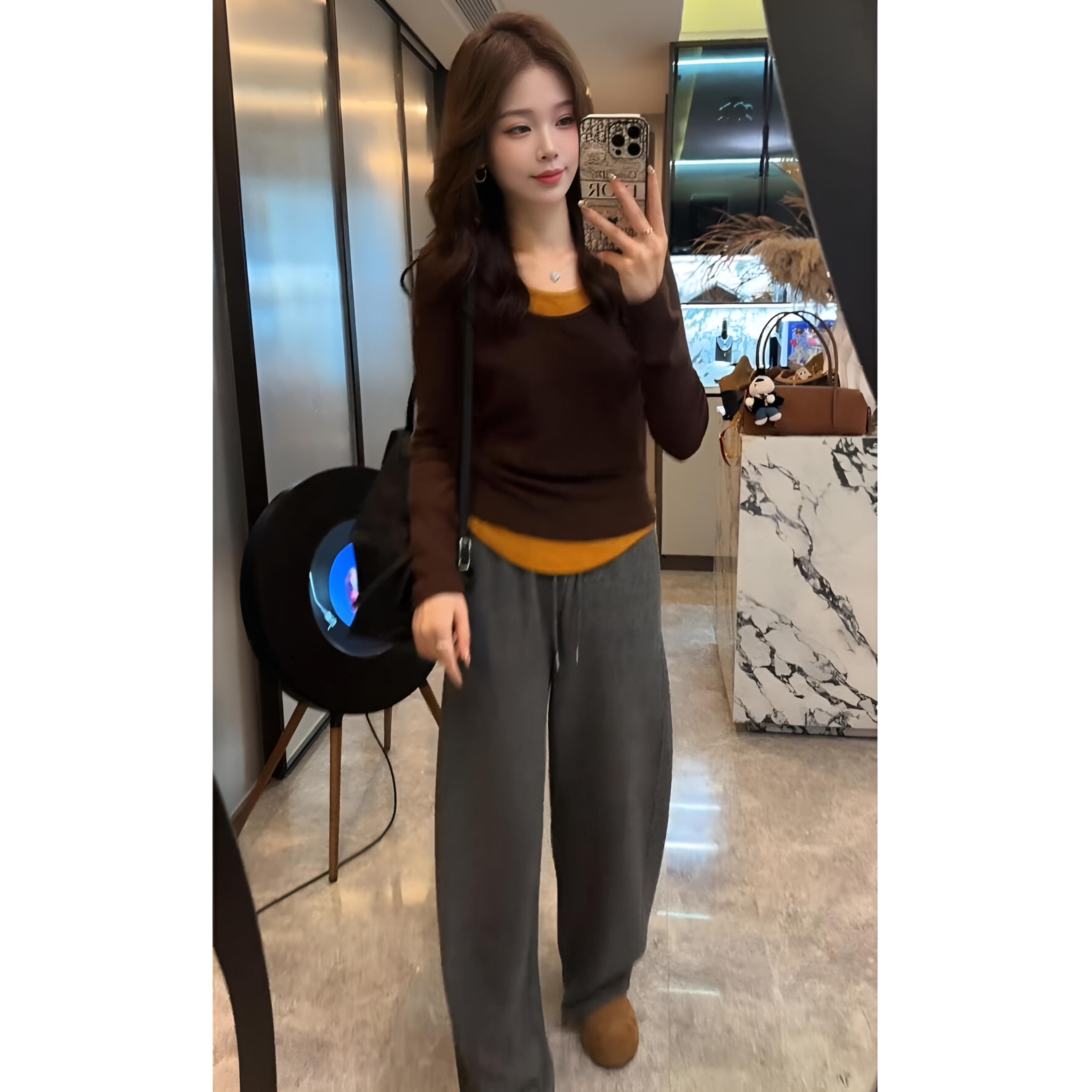 ROUMIKL假两件撞色拼接长袖上衣阔腿裤两件套女秋冬季显瘦高级感