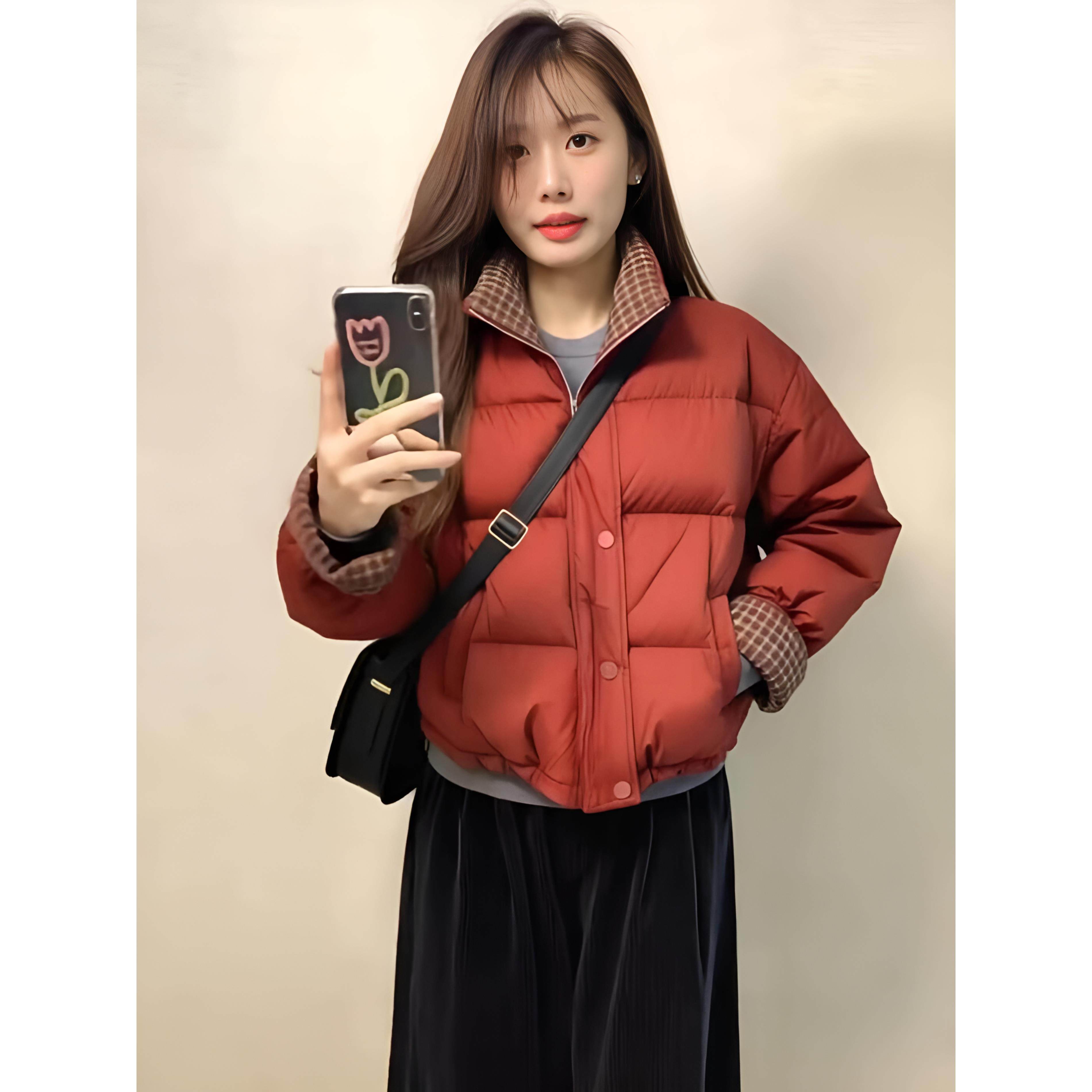 ROUMIKL红色格纹翻袖短款服女冬季新款小个子显瘦外套阔腿裤套装