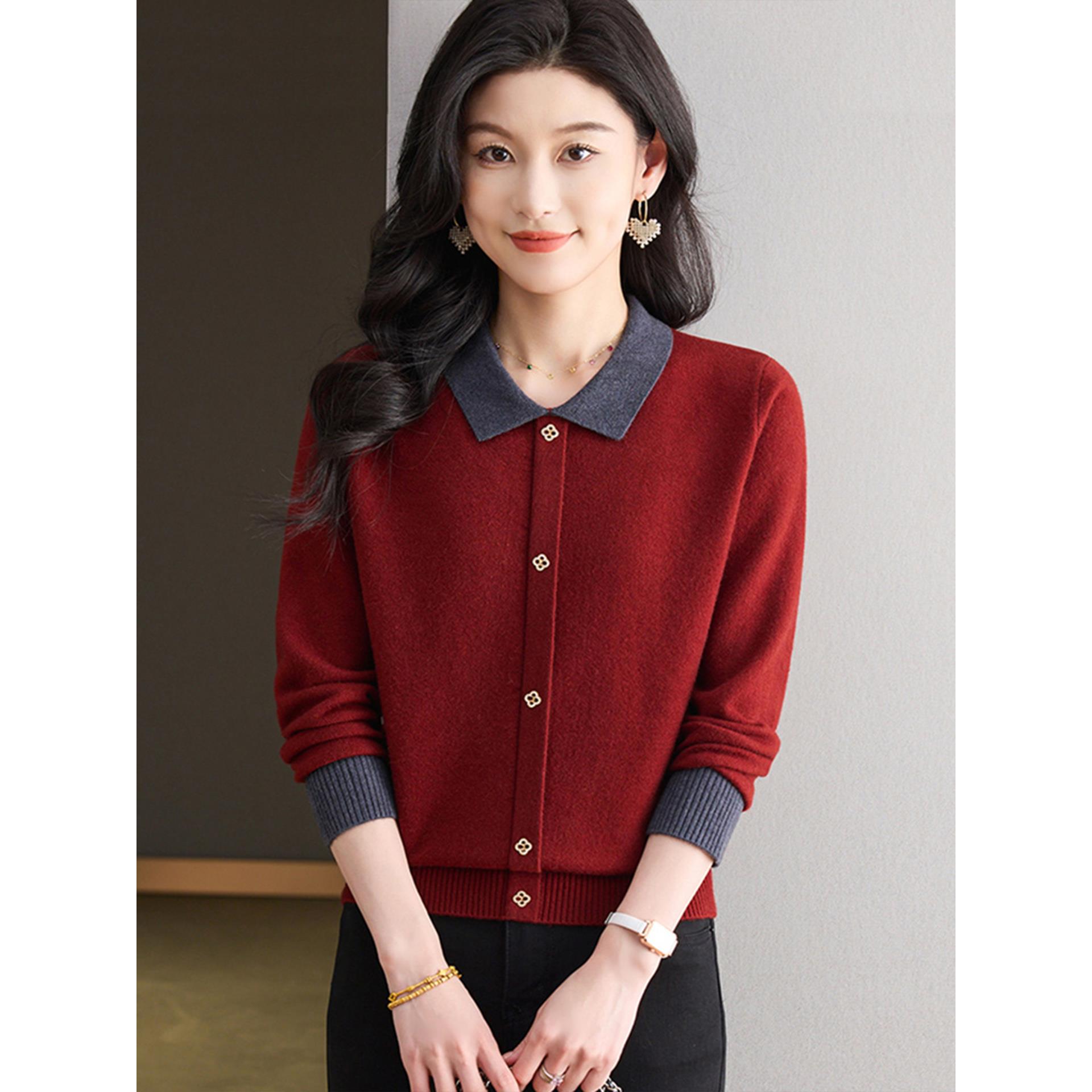 ROUMIKL小香风针织衫女秋冬新款娃娃领内搭打底上衣洋气宽松撞色