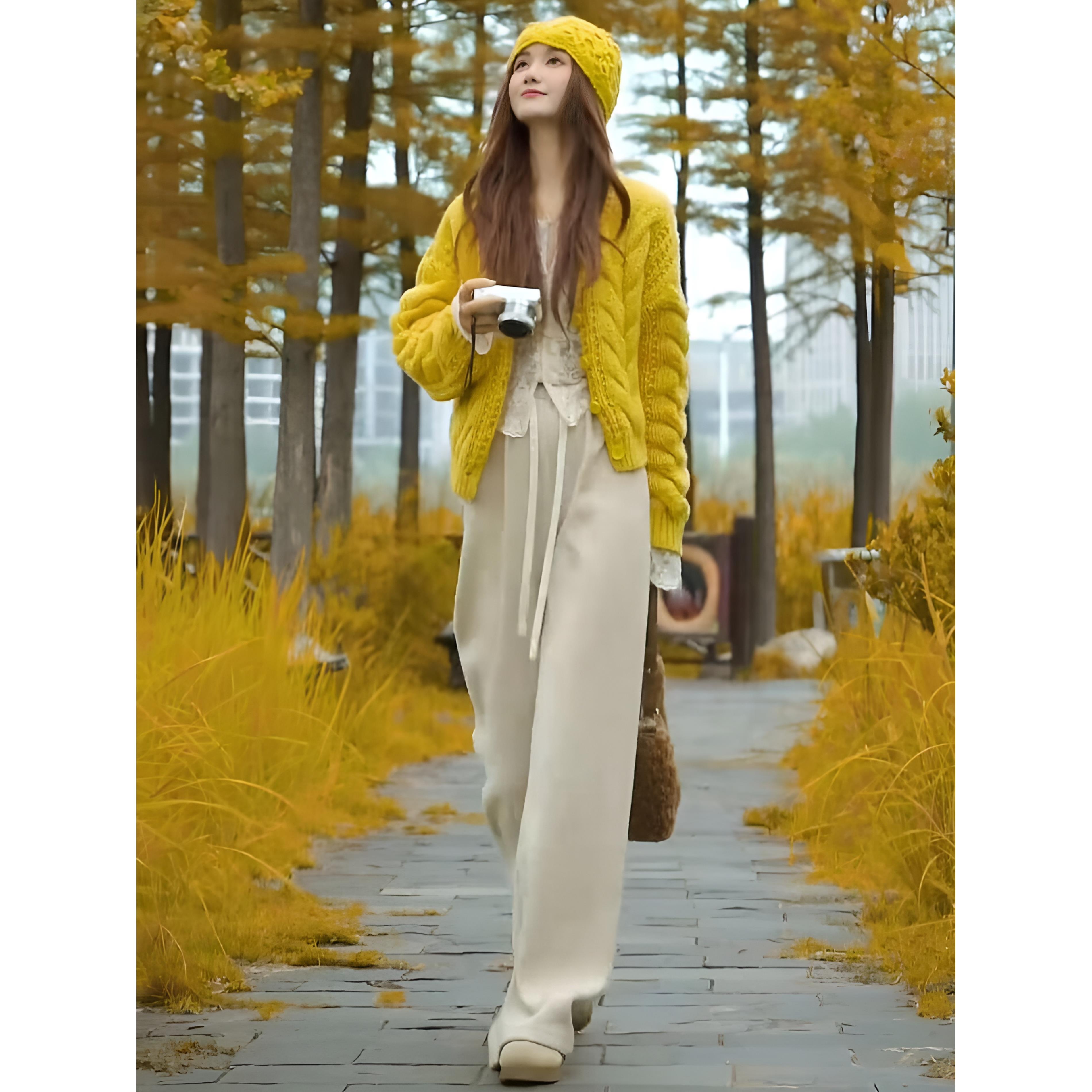 ROUMIKL巨好看的秋日ootd穿搭一整套黄色麻花针织开衫蕾丝内搭阔