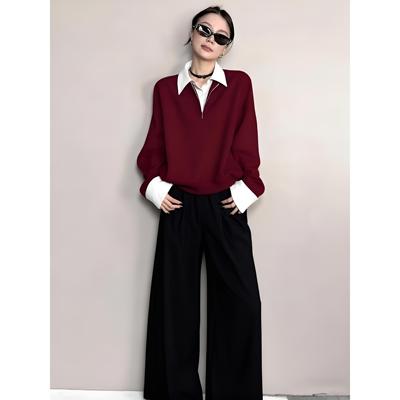 ROUMIKL韩系一整套ootd穿搭休闲慵懒风假两件polo领上衣阔腿裤套