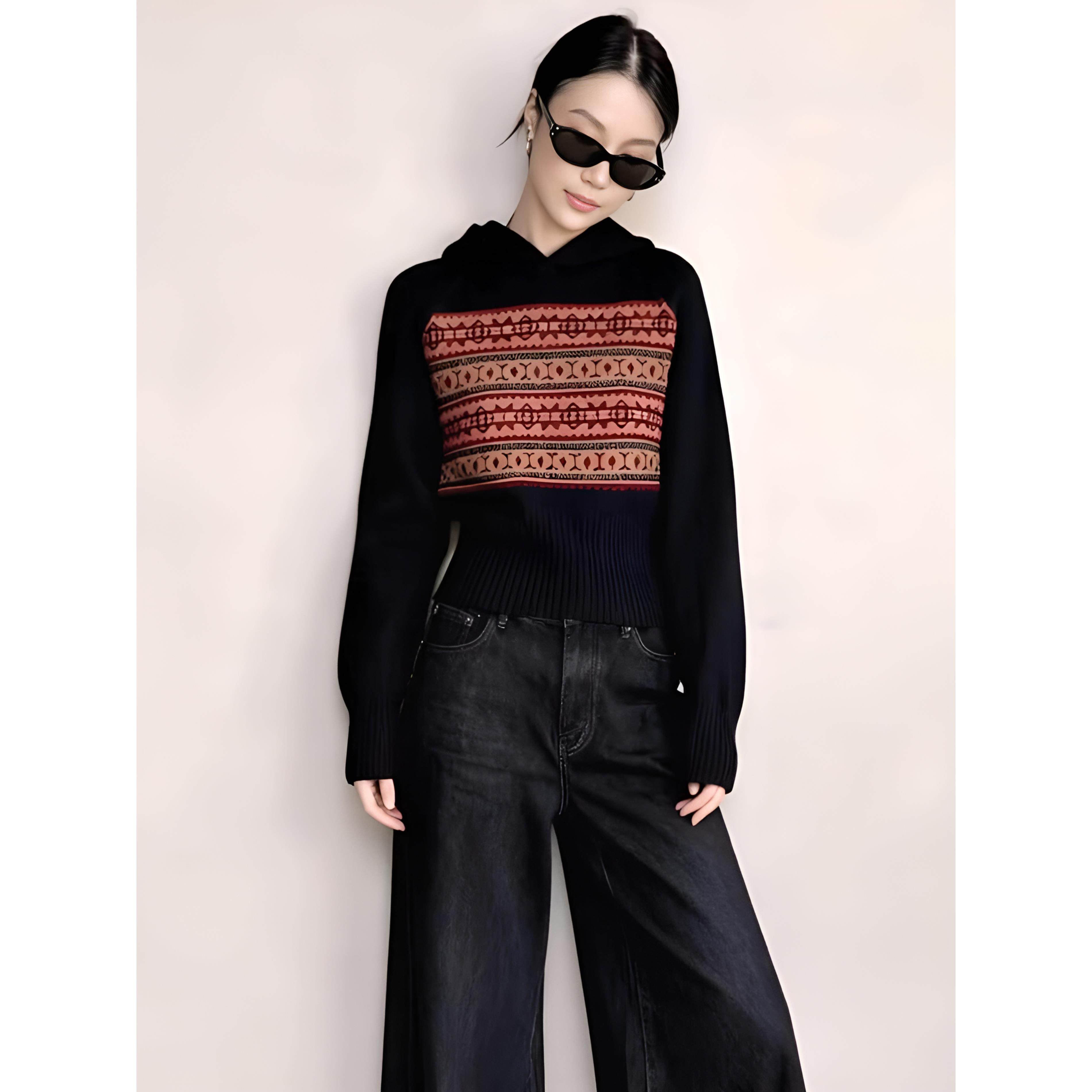 ROUMIKL2025秋冬小个子穿搭一整套民族风印花连帽针织衫阔腿裤显