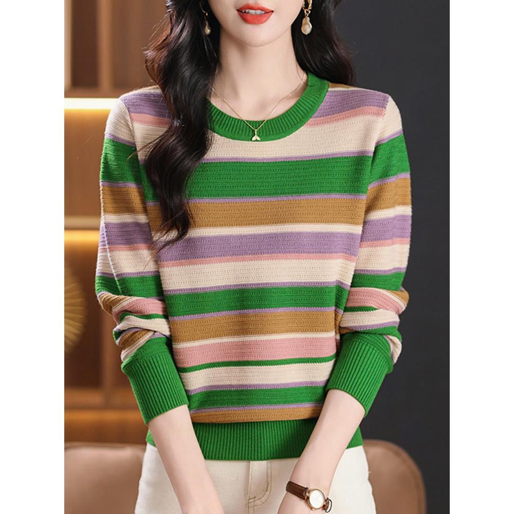 ROUMIKL采购产品慵懒风格的针织品，为妇女，秋冬条纹对比上衣，