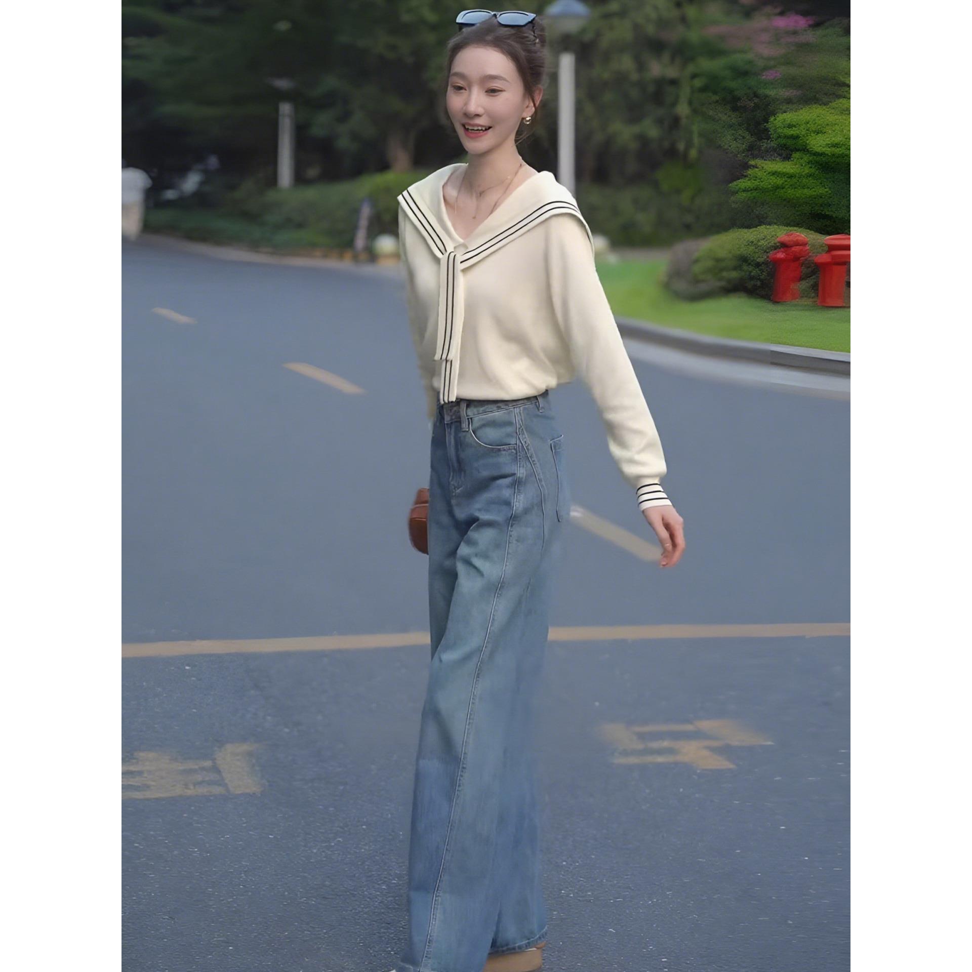 ROUMIKL巨好看的早秋ootd穿搭一整套减龄学院风海军领针织上衣牛