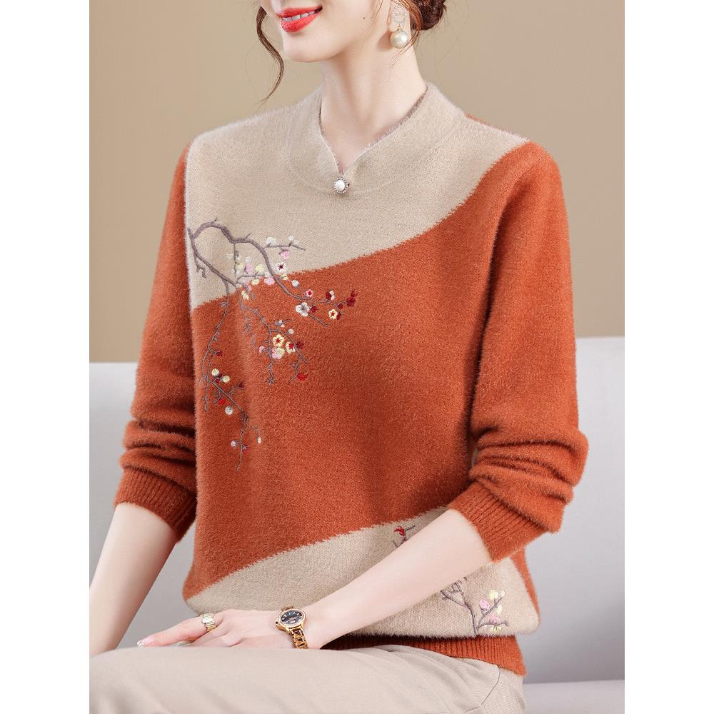 ROUMIKL大码加厚半高领宽松套头妈妈毛衣女秋冬新款时尚印花中长