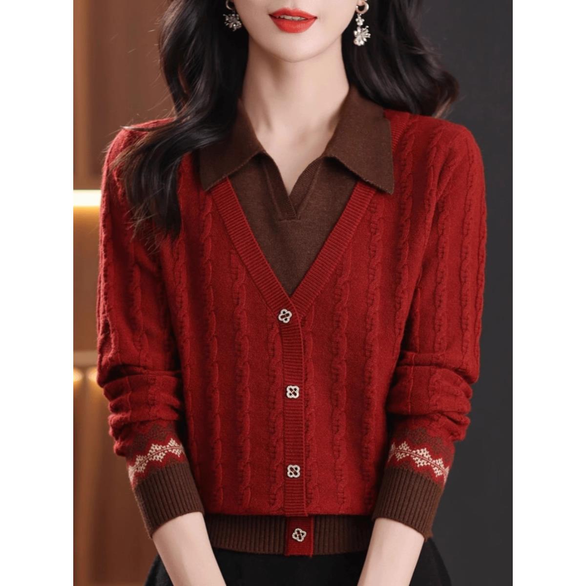 ROUMIKL衬衫领毛衣针织衫女秋冬装外穿搭洋气宽松上衣假两件拼接