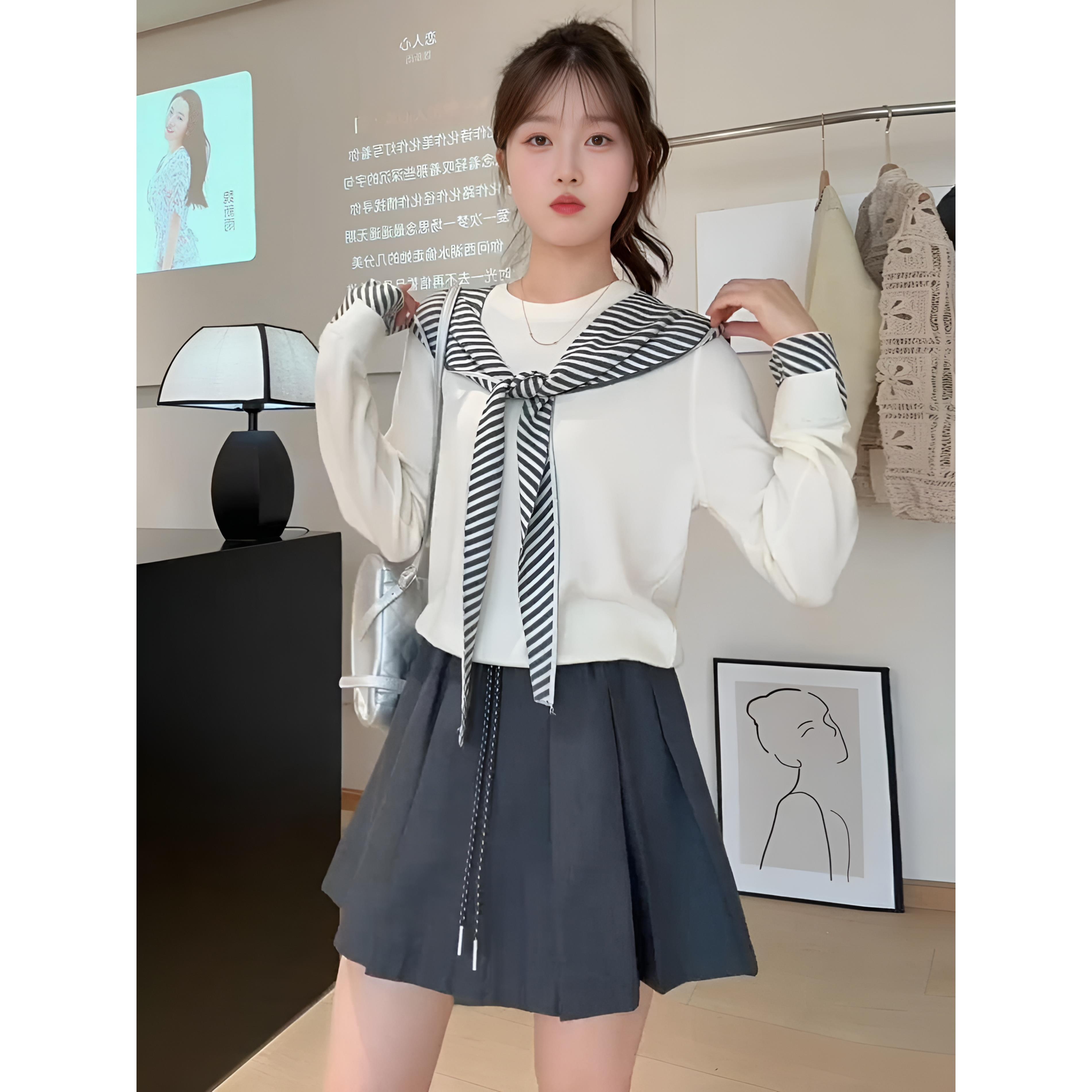 ROUMIKL气质一整套ootd穿搭早秋巨好看的韩系学院风拼接上衣百褶