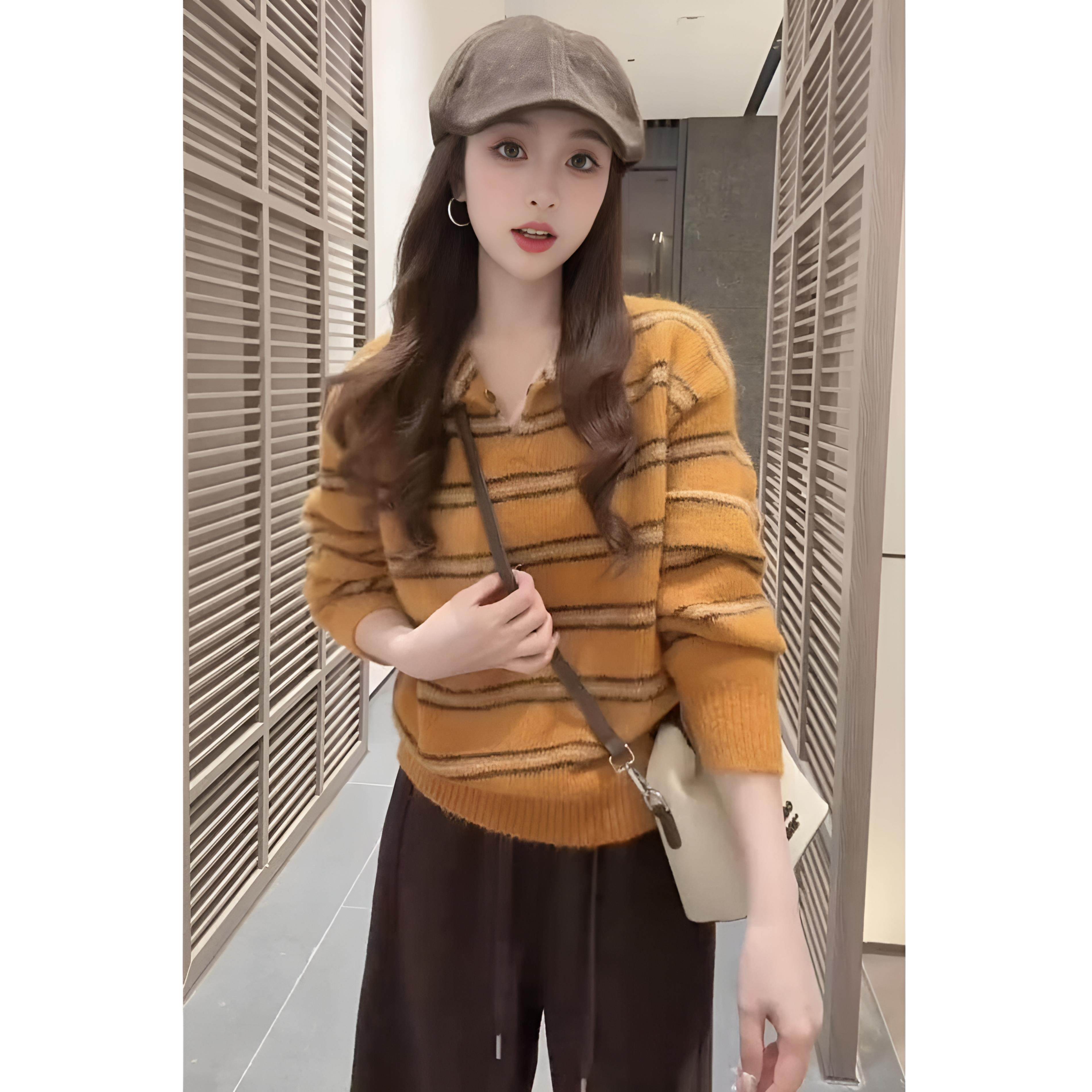 ROUMIKL秋冬慵懒风套装女小个子设计感条纹针织衫高腰垂感阔腿裤