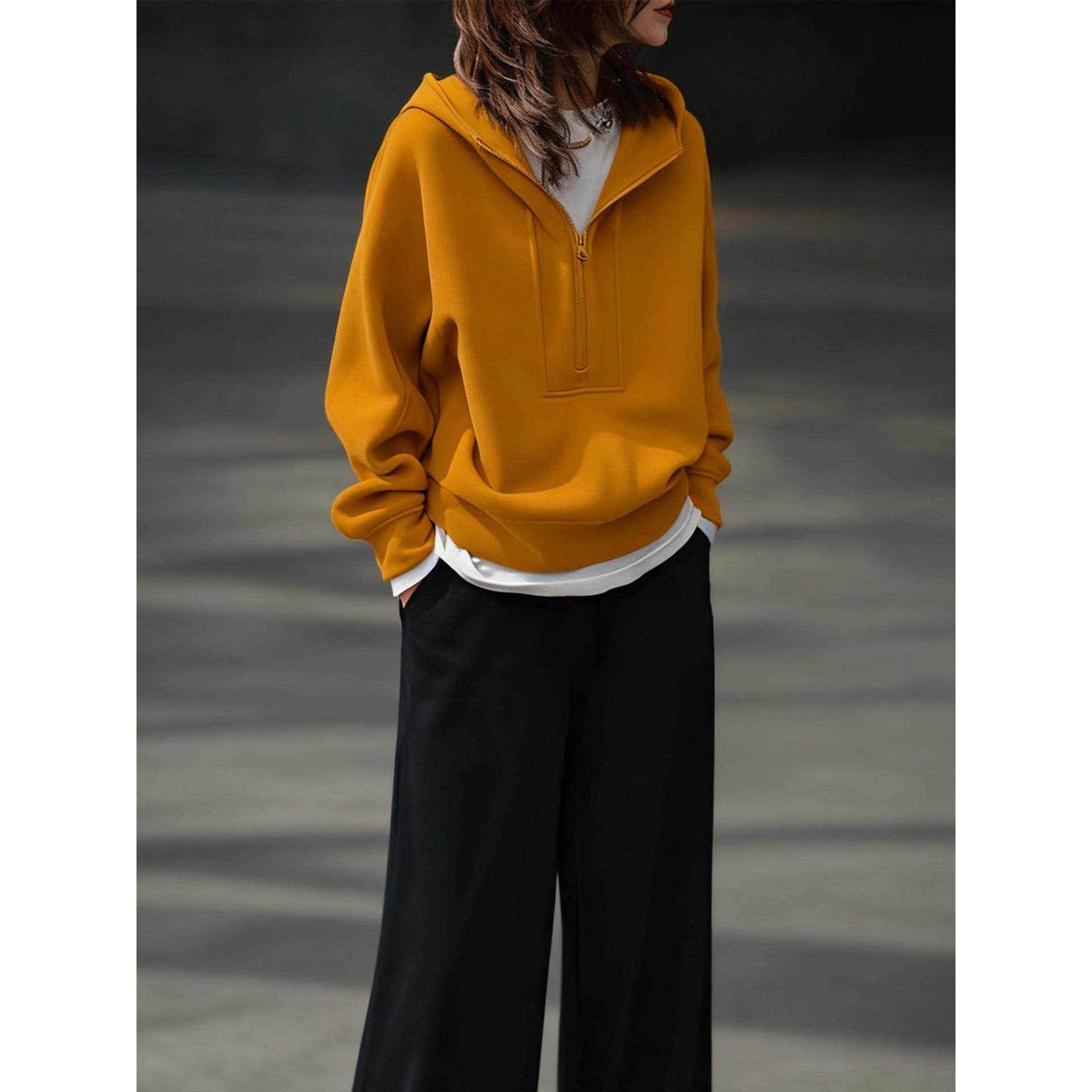 ROUMIKL休闲慵懒风半拉炼连帽卫衣阔腿裤套装女秋冬季宽松百搭减