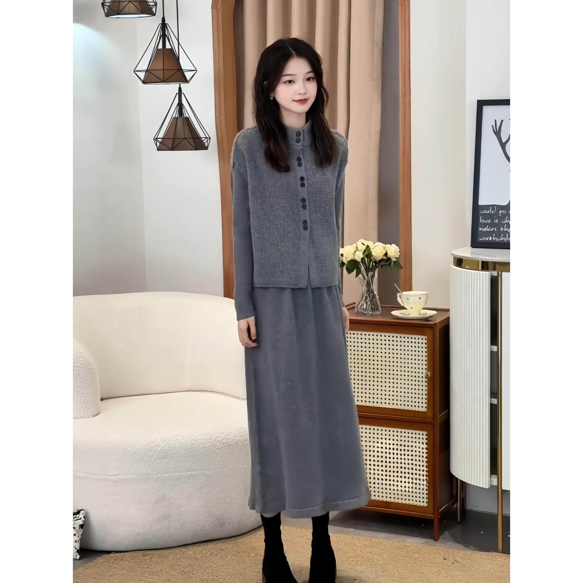 ROUMIKL两件套装针织衫马甲连衣裙女秋冬中长款过膝毛衣背心打底