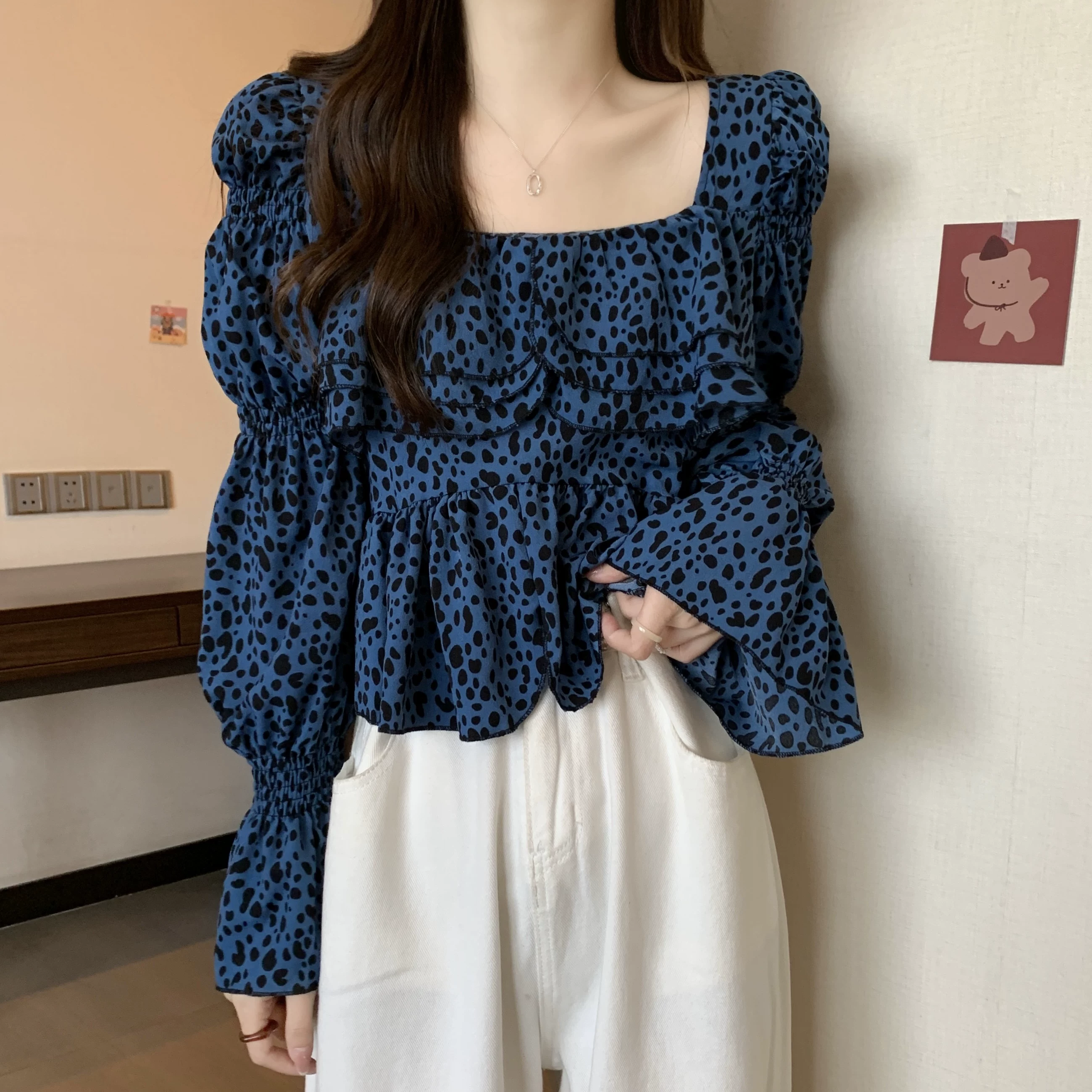 Ретро осенняя рубашка, шифон с короткими рукавами в виде мегапонки, французский стиль, квадратный вырез