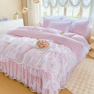 全棉床裙式 公主蕾丝纯棉被套 四件套A类床罩加厚夹棉床罩4件套韩式