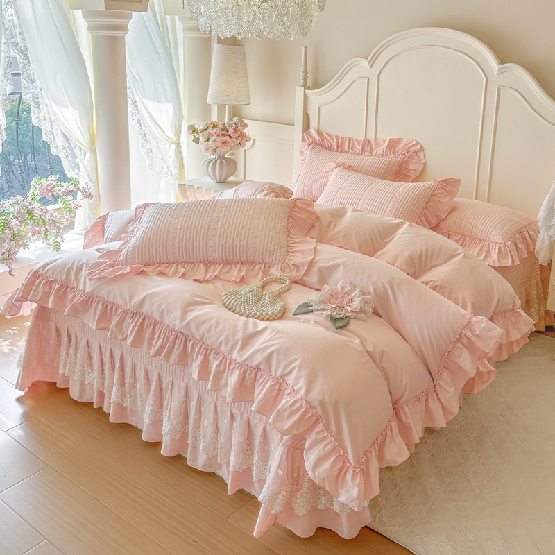 全棉四件套韩版公主风加厚夹棉床盖4件套花边纯棉被套蕾丝床单2米