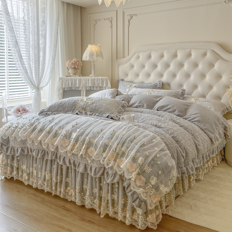 全套夹棉加厚床裙四件套法式少女心公主牛奶绒被套冬季珊瑚绒床罩