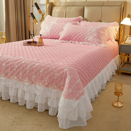 A类亲肤床盖三件套夹棉加厚蕾丝花边床单1.5m1.8米公主韩式床品2m