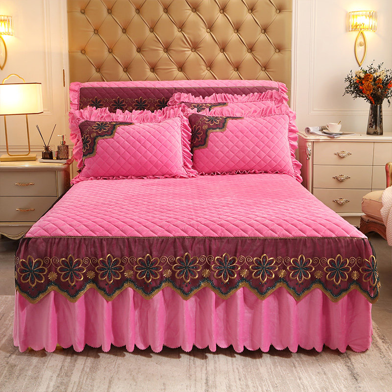 夹棉床裙床头罩三件套欧式水晶绒床罩单件防尘罩床垫保护套防滑冬