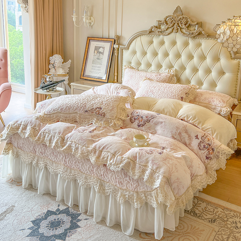 高档法式蕾丝边床盖四件套加厚夹棉牛奶绒床单床裙被套4件套冬季