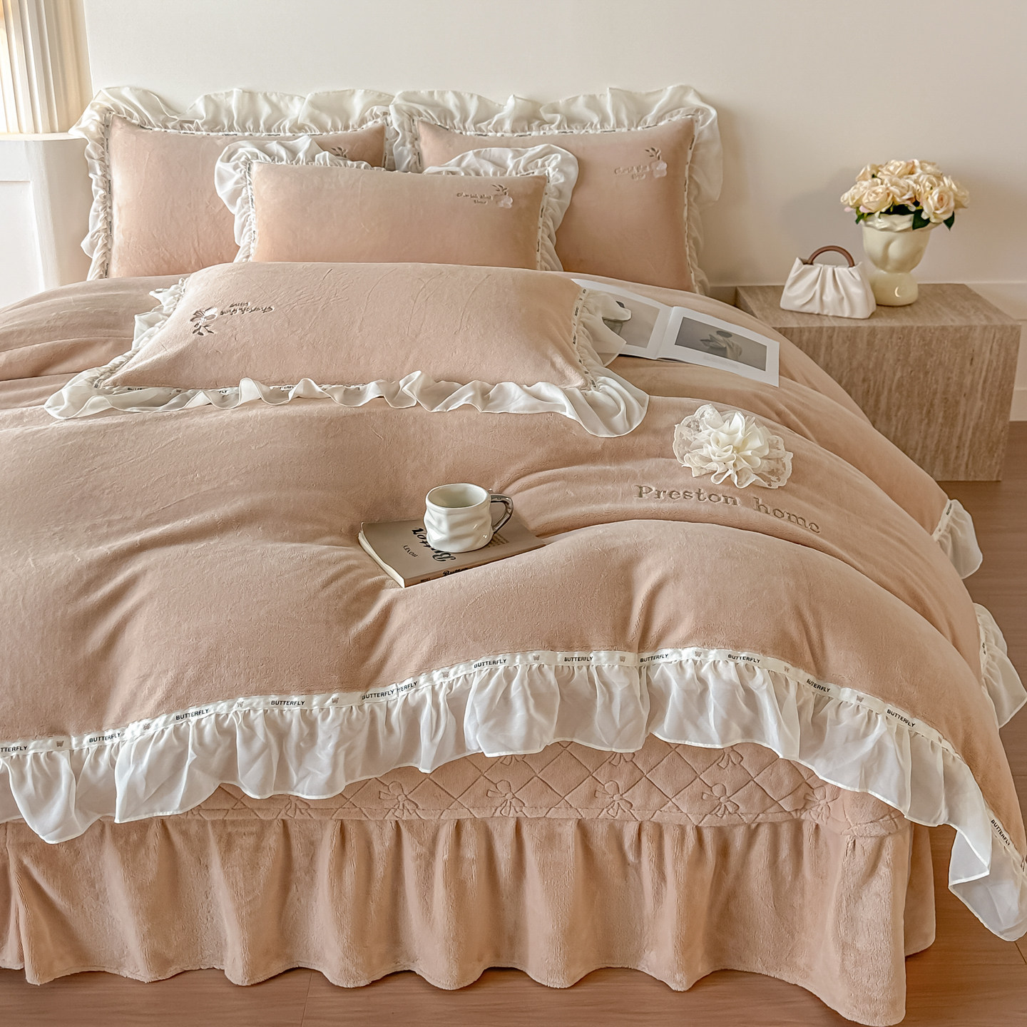 全消光牛奶绒床盖四件套双面绒2m被套加厚夹棉2.7m珊瑚绒加大床单