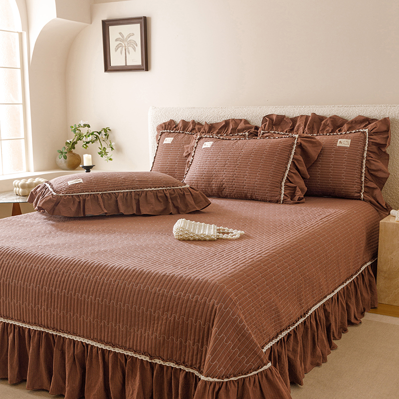 全棉色织水洗棉夹棉床盖三件套亲肤舒适纯棉炕罩加厚床单加大2.7m