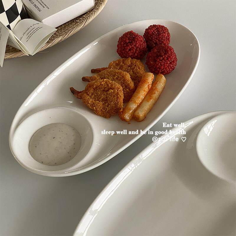 简约纯白两用椭圆寿司盘寿司薯条水饺点心小食家用蘸酱盘