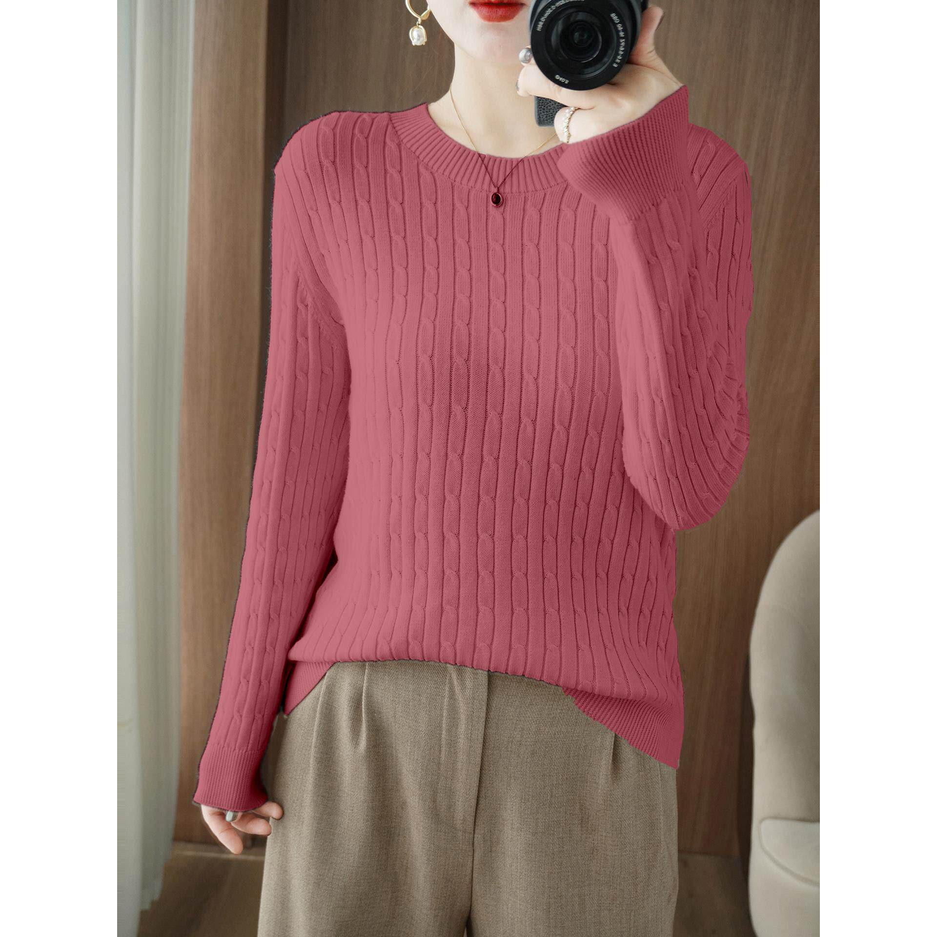 ROUMIKL新款纯线圆领纯色针织毛衣女宽松简约小麻花内搭毛衫时尚