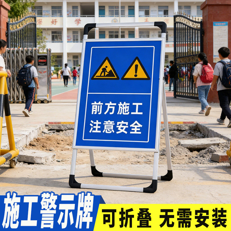 前方道路施工警示牌建筑施工告示牌手提铝合金展示架施工区域闲人