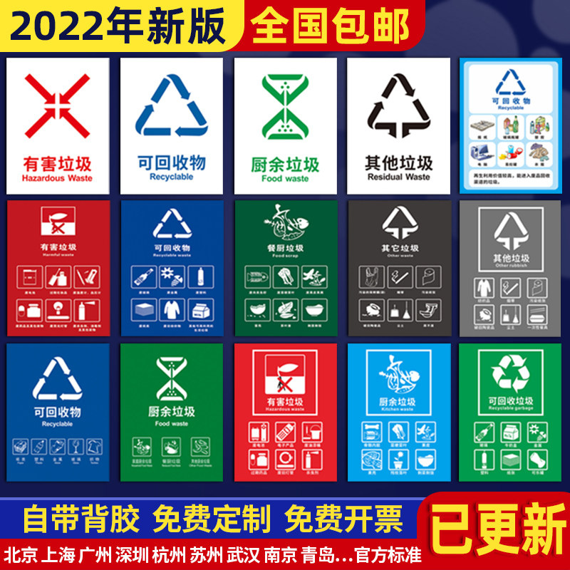垃圾分类标识贴纸家用干湿可回收不可回收厨余垃圾桶贴纸北京苏州危险有害易腐危险废物固废标志牌宣传海报