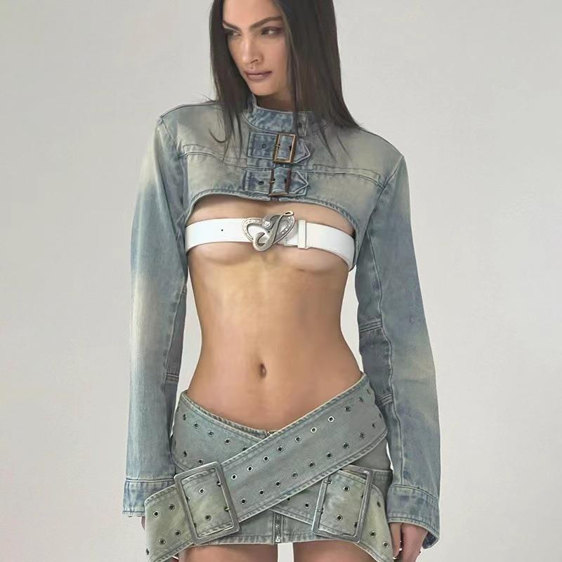 Denim skirt set女欧美新款性感小众水洗露腰短款潮流牛仔裙套装